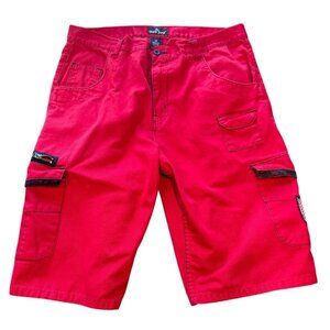 Y2K Red Ape Men's Red Cargo Jean Shorts‎ with Black Accents 40 - Streetwear |V1